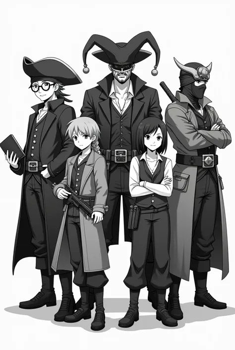 Make 5 jolly Rogers in anime style only in Black, White and shades of Grey: The first with round glasses and a book, The second with a jester hat and bard features, the third with millitary gadgets and The fourth with a ninja mask. 
The fifth looks like a ...