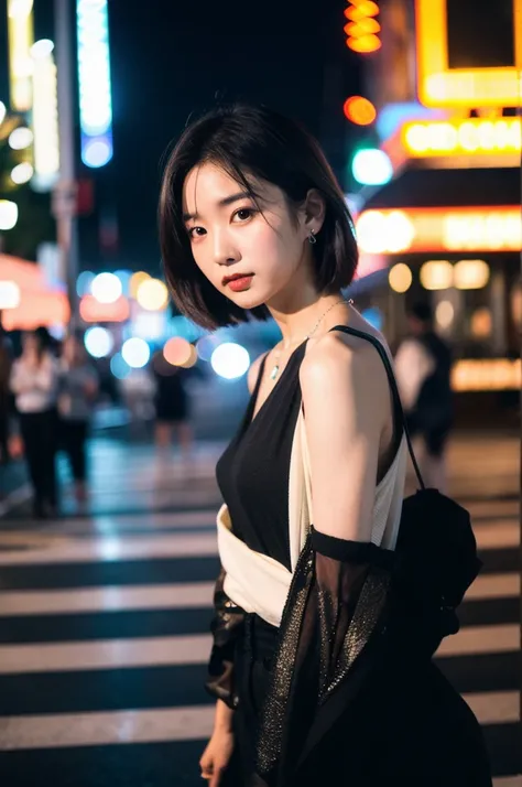 (Cinematic Aesthetic:1.4) Photo of a beautiful korean fashion model bokeh city night