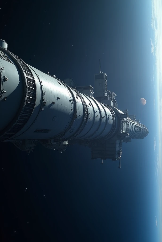 **Hyperdetailed Cylindrical Space Colony:**

- **Structure**: A massive, elongated cylinder floating in space. Its length is 5-6 times its diameter.
- **Exterior**: Smooth, reflective metallic surface with visible solar panels and radiators along the sides...