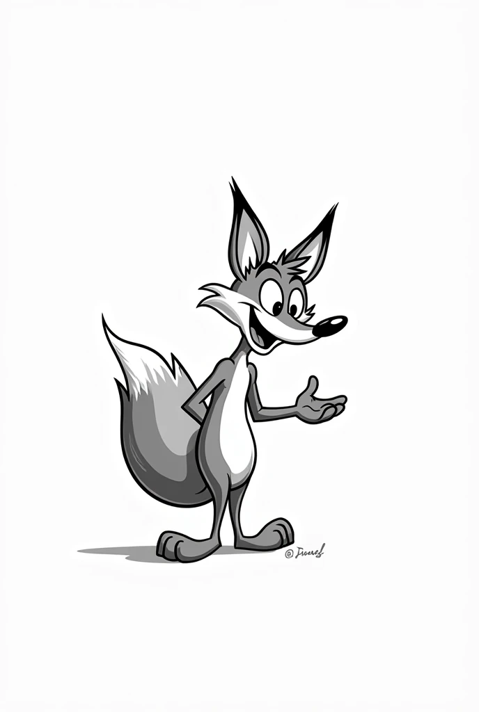 
"Imagine a cartoon fox inspired by the style of Felix the Cat, designed as a character for a presentation. The fox should capture the essence of 1940s animation, featuring a faithful representation of a cartoon fox in black and white. The fox should appea...