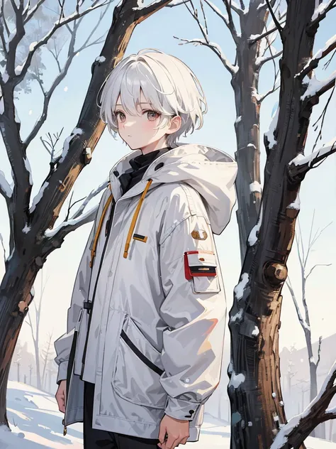 1boy, short white hair, brown eyes, detailed eyes, tree background, snow, simple clothes