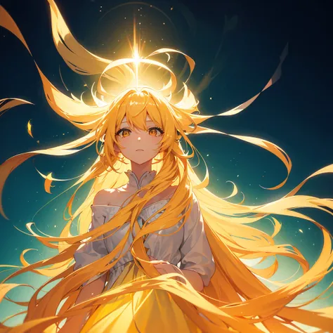 a woman with long blonde hair and a yellow dress looks at the sky, glowing flowing hair, flowing glowing hair, glowing hair, long glowing hair, glowing with colored light, long glowing ethereal hair, glowing face, glowwave girl portrait, orange glowing hai...