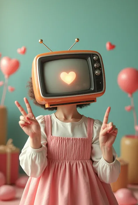 Cute girl with Tv head with heart on the screen posing with peace sign.
