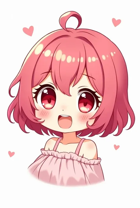 Chibi, Flat color, Single, Full body, cute, (Highest quality), Pink hair, Red eyes, Bob cut, ((curly hair)), Off shoulder, beautiful eyes, Big smile, Bright and curious personality, Mood Creators, cheery, Open mouth, (Face veil), White background, (Masterp...