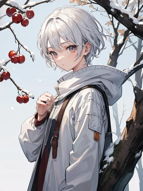 1boy, short white hair, brown eyes, detailed eyes, tree background, snow, simple clothes