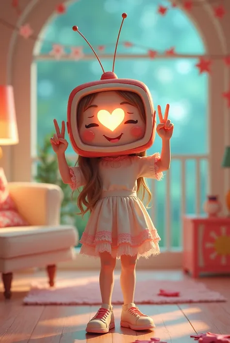 Cute girl with Tv head with heart on the screen posing with peace sign.
