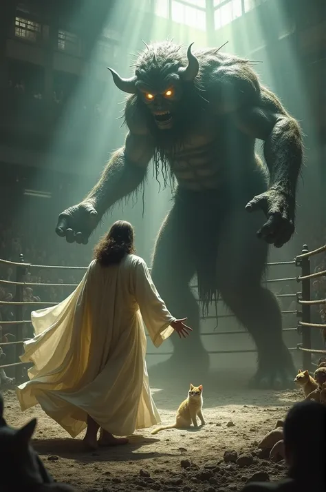 Jesus god and monster evil fighting in the ring to save cat 