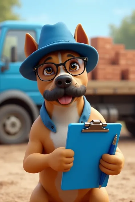 Light brown pitbull dog, Light brown eyes, in black sports glasses, blue cowboy cap, shirt blue, luxury short thin black beard, using blue clipboard and blue pen. Truck with bricks and wood in the background in an open yard, 4K, Disney  style. 