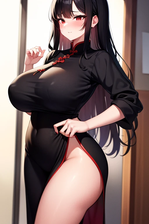 high resolution, turn to face the front, black hair, qipao, big breasts, getting red in the face, lewd, lewd crest