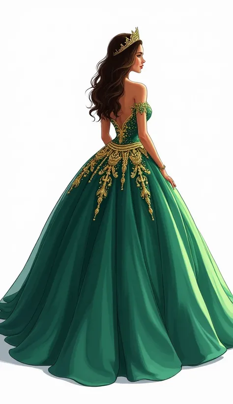 Make a majestic illustration on a white background, of a quinceañera dressed in a majestic emerald green dress with gold details. the quinceañera is facing away. The design is elaborate and elegant, with a style worthy of royalty and high society, highligh...