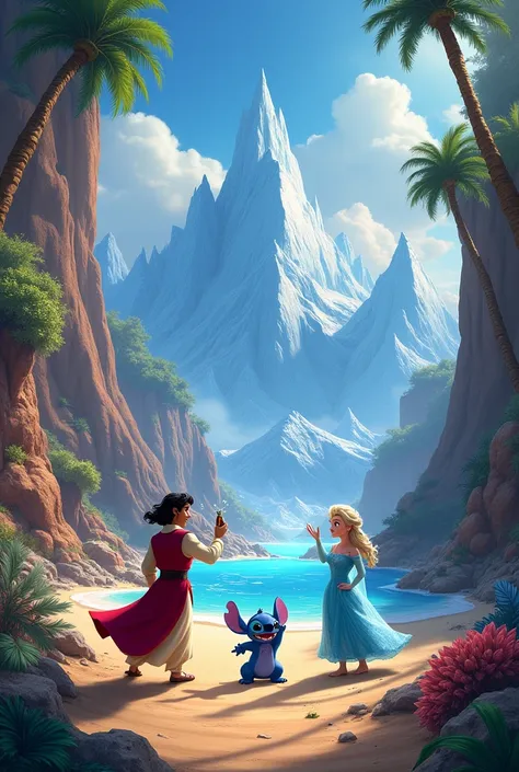 Design a background that includes the characteristics of Aladdin, frozen y lilo stich (playa, snow and desert)