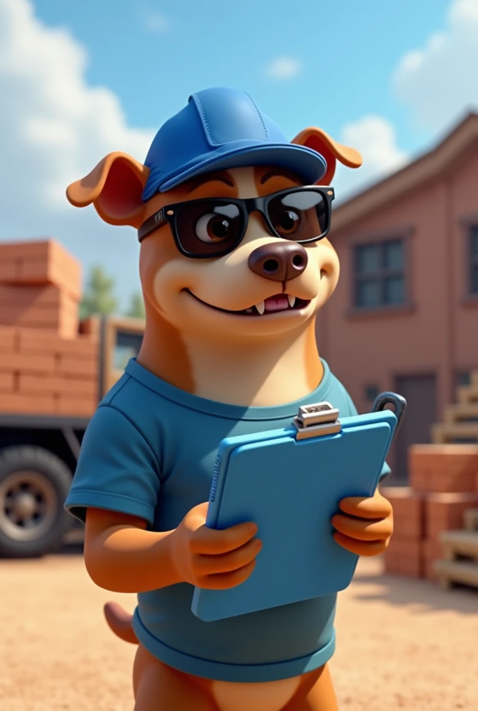 Light brown pitbull dog, Light brown eyes, black sports sunglasses, blue cowboy cap, shirt blue, using blue clipboard and blue pen. Truck with bricks and wood in the background in an open yard, 4K, Disney  style. 