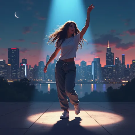 a woman in a t-shirt and sweatpants, long hair, dancing, night city, beautiful night skyline, spotlight, beautiful lighting, dynamic, one hand raised high