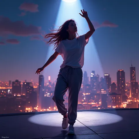 a woman in a t-shirt and sweatpants, long hair, dancing, night city, beautiful night skyline, spotlight, beautiful lighting, dynamic, one hand raised high