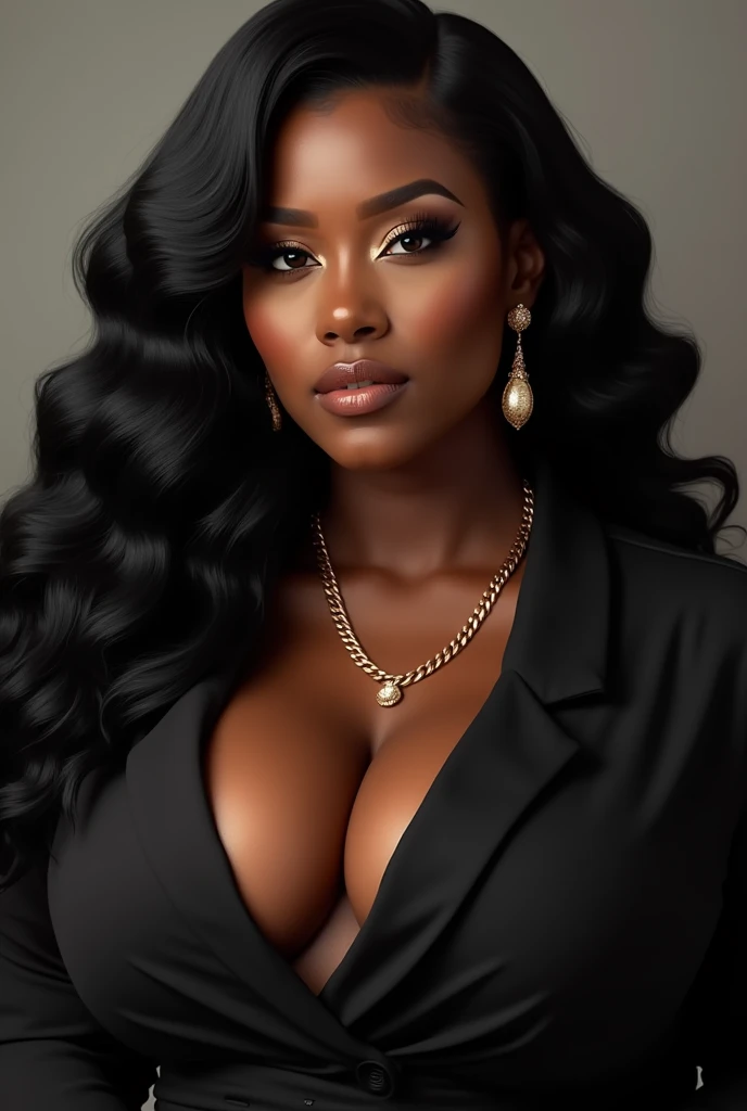 (photorealism:1.2) . hyper realistic portrait beautiful plus size dark skinned tone melanin woman hair bbw plus size curvaeous woman radiating authority Woman dominating a man