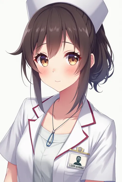 A girl face like anime she is a nurse she is wearing a white coat and white dress and in her batch their is named lojina Subba .she has almond eyes