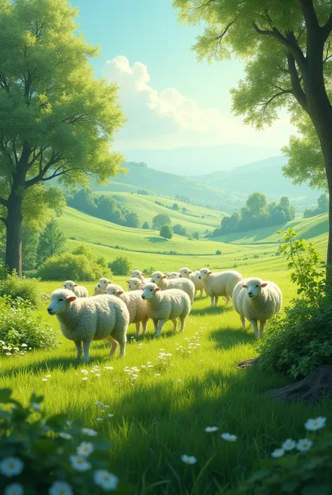 GREEN NATURE BACKGROUND WITH FLOCK OF SHEEP OR HERD 