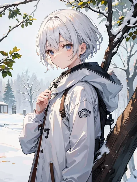 1boy, short white hair, brown eyes, detailed eyes, tree background, snow, simple clothes