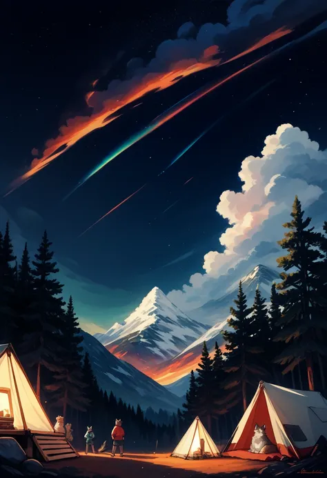 top quality, best quality, High-quality illustrations, masterpiece, super high resolution, detailed background, detailed background, Campsite in the mountains, group shot, 1boy, 1girl, camp-fire, night sky, absurdres, perfect anatomy(Photo of family trip)(...