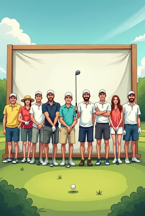 Indoor golf course　competition　Group photo of 10 men and women　Wearing plain banner golf wear　smile　Line of sight　Fun illustration style　Golf is good　Each one is making a golf swing　Different orientations　Real　ドラコンcompetition　