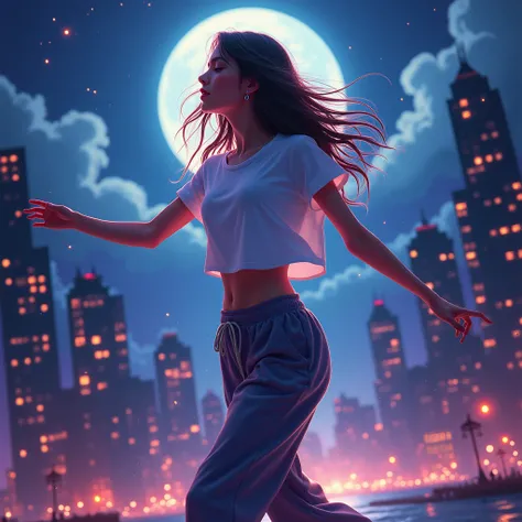 A woman wearing a t-shirt and sweatpants, Long Hair, Dancing, City of night, Beautiful night view as background, Spotlight, Beautiful lighting, Vibrant, full moon