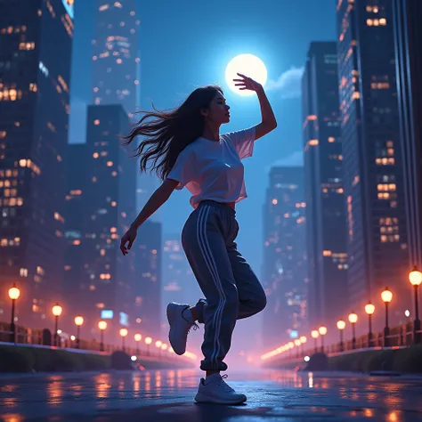 A woman wearing a t-shirt and sweatpants, Long Hair, Dancing, City of night, Beautiful night view as background, Spotlight, Beautiful lighting, Vibrant, full moon