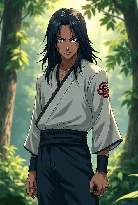 Dark skin, really long hair, byakugan white eyes, young, , Genin, Hyuga. male, 