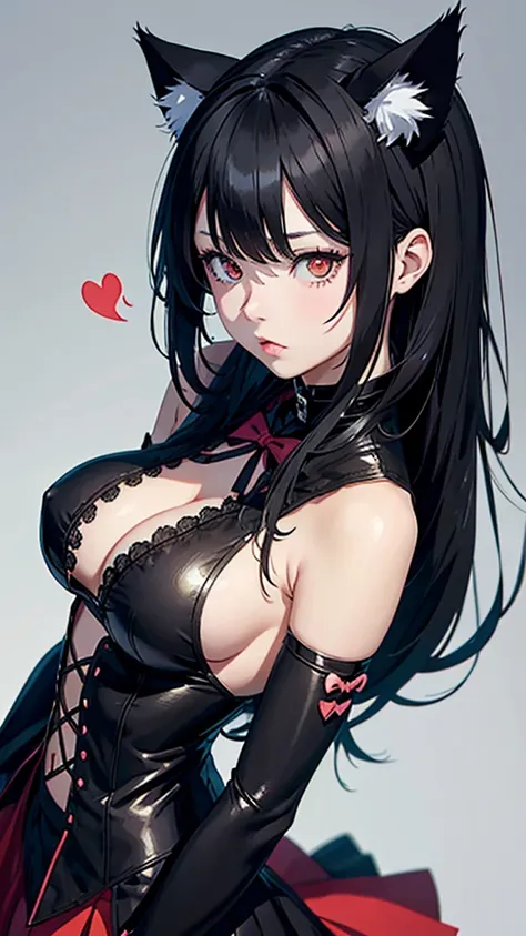 A anime girl with black hair, cat ears, looks like a yandere, is in insane love