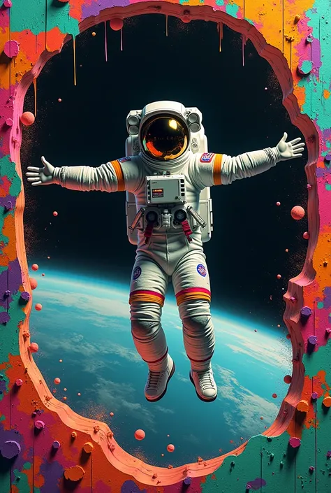 Astronaut floating with arms outstretched, graffiti drawing