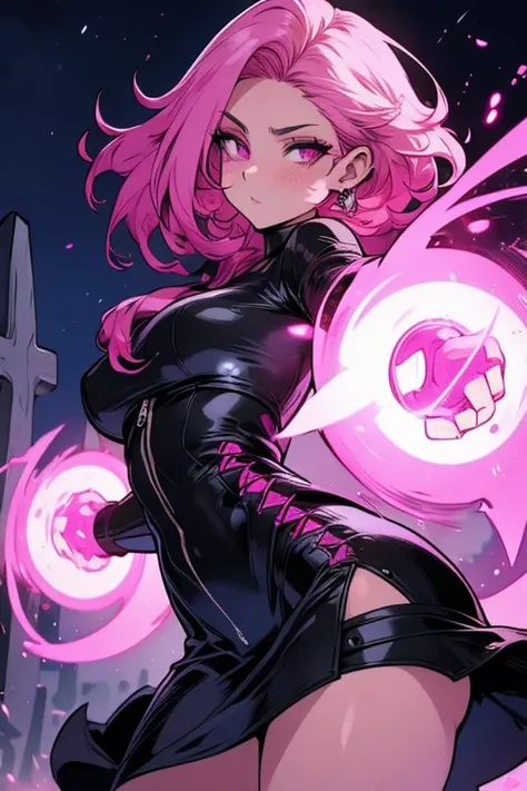 Perfect face. Perfect hands. A pink haired woman with violet eyes with an hourglass figure in a tight leather dress is spinning her scythe in a cemetery at night