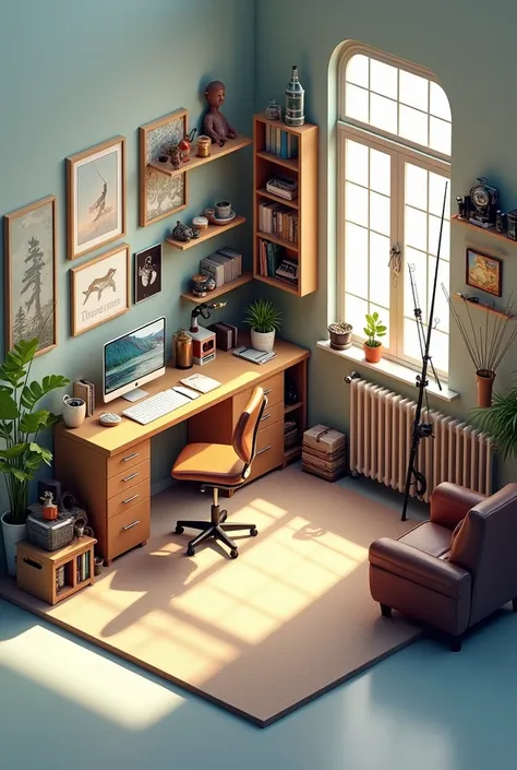 (photorealism:1.2), hobby room which is fishing room collector, miniature layout, isometric view. room is clean and tidy. the room is detail with fishing rots