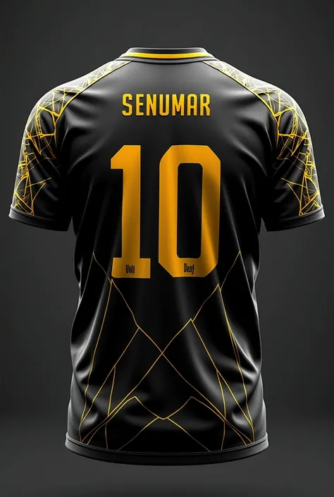 Create a sports jersey in black with intricate golden geometric patterns that form a futuristic, high-tech look. The design should be symmetrical, with sharp angles and lines that give the jersey a cutting-edge appearance. The sleeves should feature a cont...