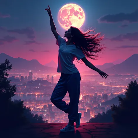 A woman wearing a t-shirt and sweatpants, Long Hair, Dancing, City of night, Beautiful night view as background, Spotlight, Beautiful lighting, Vibrant, full moon, Raise one hand high