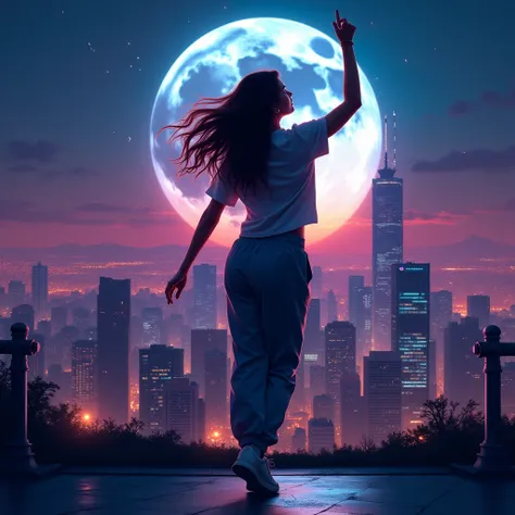 A woman wearing a t-shirt and sweatpants, Long Hair, Dancing, City of night, Beautiful night view as background, Spotlight, Beautiful lighting, Vibrant, full moon, Raise one hand high