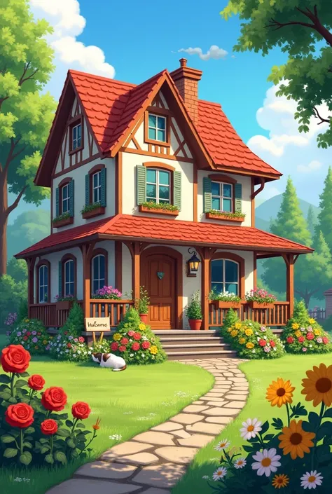 A cozy and colorful house with a sloping red roof that rises up into the blue sky the house is surrounded by a garden full of flowers of all colors red roses güira yellow suns and white daisies in front of the house there is a stone path that leads to the ...