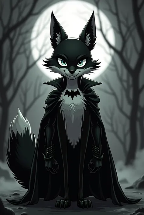 

"I want a representation of a fox in the form of a cartoon, designed in black and white. It should feature details similar to the Batman character, embodying a charismatic, iconic, imposing, symbolic, and attractive presence. The design should use gothic...