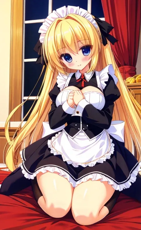 Beautiful long blonde　Embarrassing　Girl in black maid outfit　Long sleeve　Long skirt　Small breasts　living　full body　With both hands together