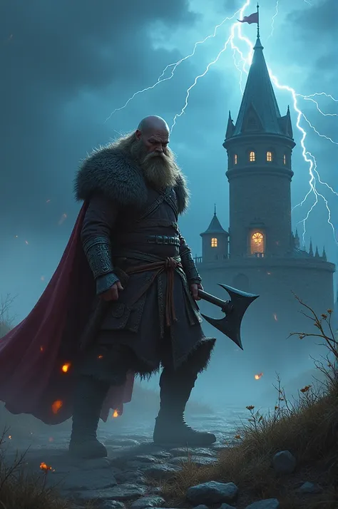 Viking warrior fighting with his axe (( a small tower with lightning ) 