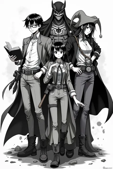 Make FIVE jolly Rogers in anime style only in Black, White and shades of Grey in only one picture: The first with round glasses and a book, The second with a jester hat and bard features, the third with millitary gadgets and The fourth with a ninja mask, T...