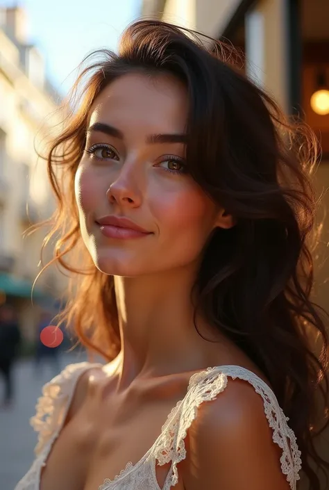 belle femme , photo realistic , a paris , soft lighiting , vibrante couleurs , souriante
