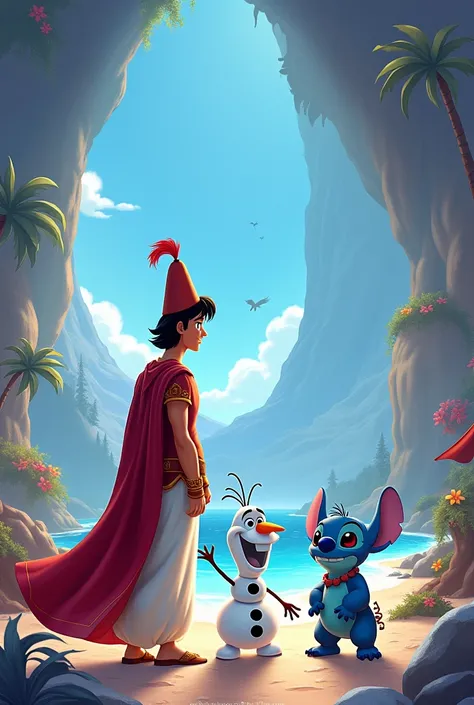 Design a background with features from the Frozen movies,Aladdin and Lilo and Stitch(desert, snow and beach). Add the character of Aladdin, olaf y stich