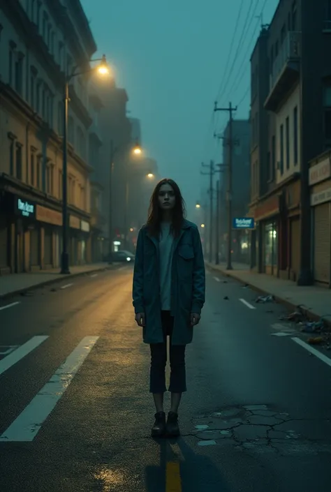 A sad woman standing at a deserted intersection in the middle of the night