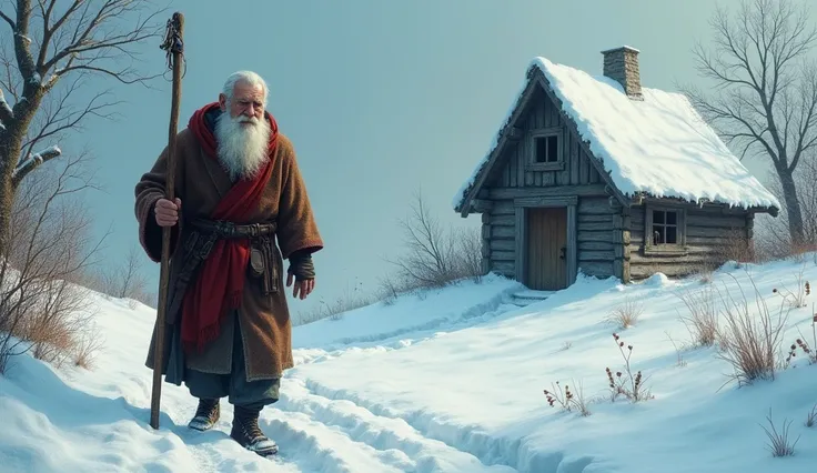 Old St Peter walking on snow, hungry, tired, near a little wooden cottage, realistic 