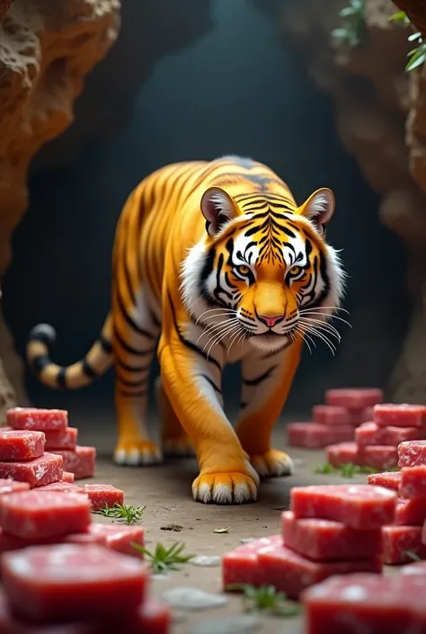 A thin yellow tiger,Store lots of steaks in the cave,Cute realistic style