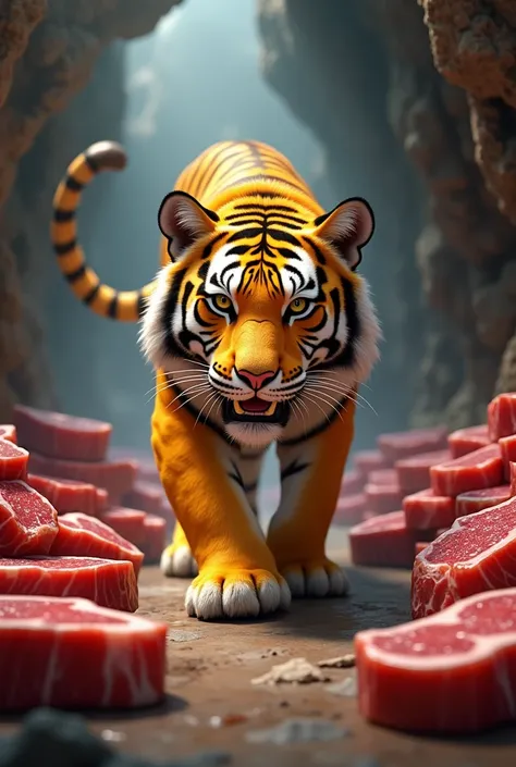 A thin yellow tiger,Store lots of steaks in the cave,Cute realistic style