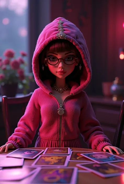 bratz in Big Bling Velour Hoodie ,  without bangs in round glasses with brown hair,  in front of her on the a lot of tarot card table. There is a dark atmosphere around. There is a pink night light on the table that makes the room pink