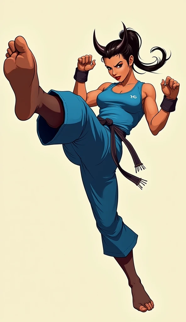 Show entire body, feet in view, Chun-li, ox-horns hairstyle, blue classic chin-li outfit with dark brown pantyhose, karate kick, she isn’t wearing shoes