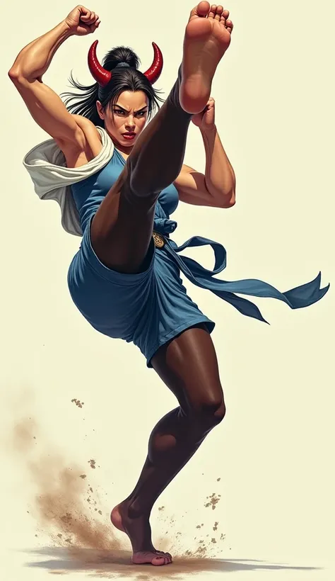 Show entire body, feet in view, Chun-li, ox-horns hairstyle, blue classic chin-li outfit with dark brown pantyhose, karate kick, she isn’t wearing shoes