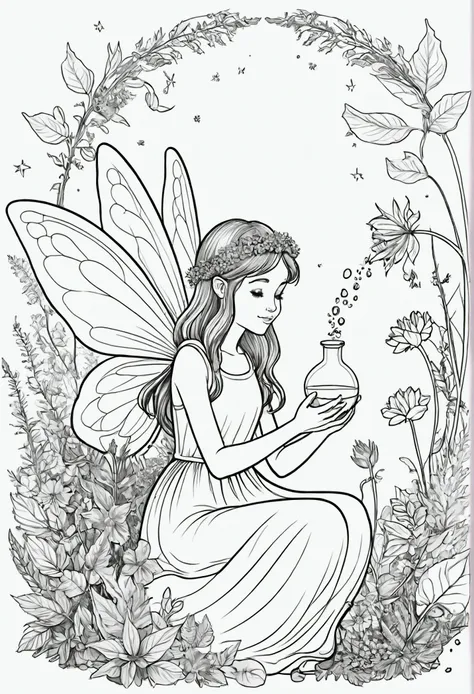 A fairy making a potion from forest herbs and flowers, for coloring pages, full white, clean line art, childrens style, magic forest background, full body, Sketch style, playful style, childrens, coloring page, clean line art, white background, coloring pa...