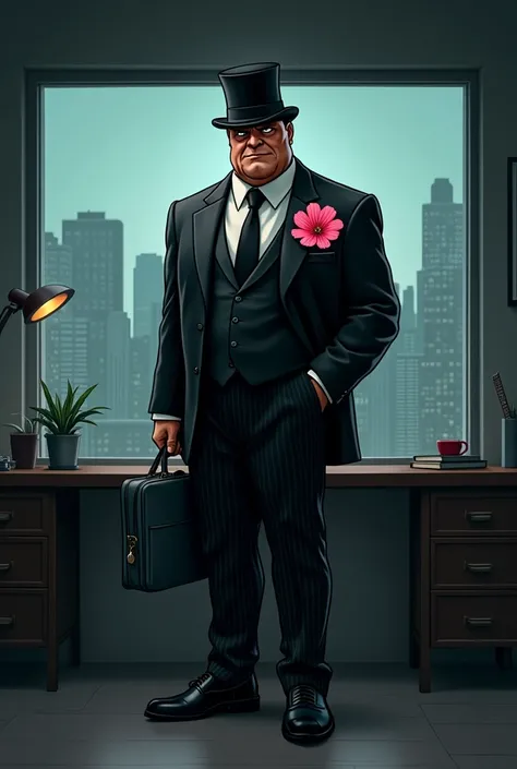 A man in a black suit with a pink flower on his right chest, He has 1,75, It has a slightly lighter brown color, wears a black tie, with a small top hat and a bow on top of the hat, He wears black pants with gray stripes from top to bottom of the pants., w...